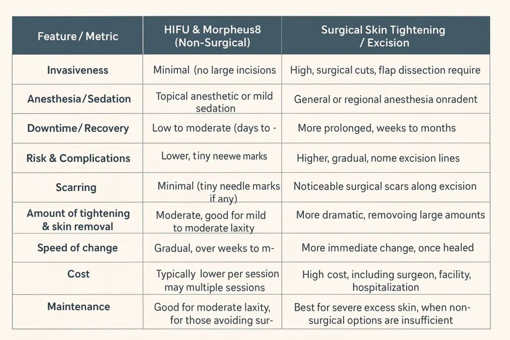 Table of skin tightening Buckinghamshire benefits compared to surgical options